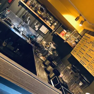 a variety of beverages on the counter