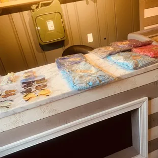 bags of frozen food on a counter