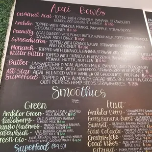 the menu of the juice pod