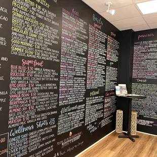 a chalkboard wall with a variety of drinks