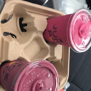 16 oz. Pitaya Smoothie and a 16 oz. Berry Banana Burst Smoothie