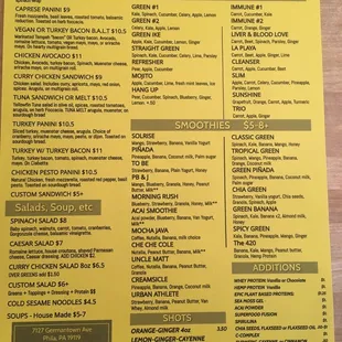 the menu of the juice room