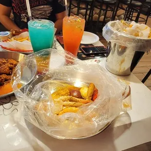 a table of food and drinks