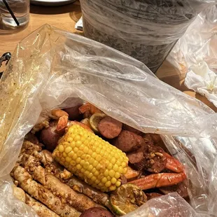 Crab, shrimp, sausage, potato's, corn on the cob.