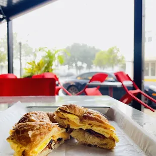 a half eaten breakfast sandwich