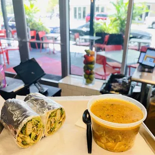 a burrito and a bowl of soup