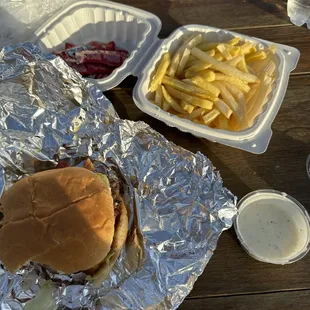 Bacon cheeseburger and fries