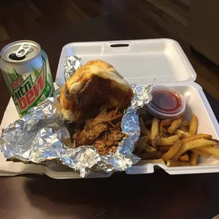 Pulled pork combo includes sandwich, fries &amp; a drink for $7.00