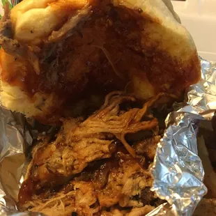 Close-up of pulled pork sandwich