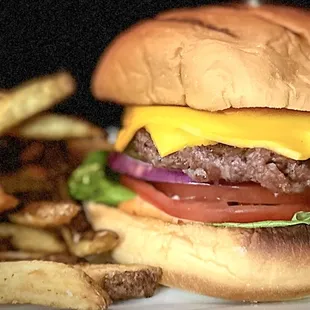a cheeseburger and french fries