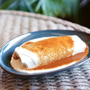 Wet Burrito - A large burrito stuffed with your (choice of meat), beans, lettuce, diced tomatoes and sour cream then smothered in queso dip