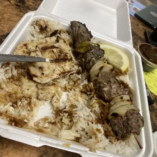 Garlic Chicken Dinner + a skewer of lamb souvlaki