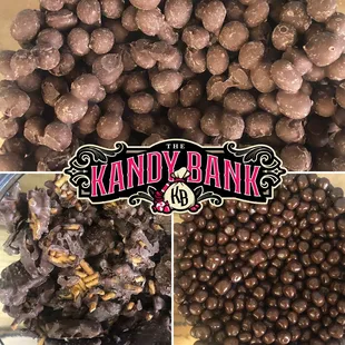 a collage of chocolate covered nuts