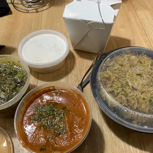 Saag Paneer, Chicken Tikka Masala, Lamb Biryani