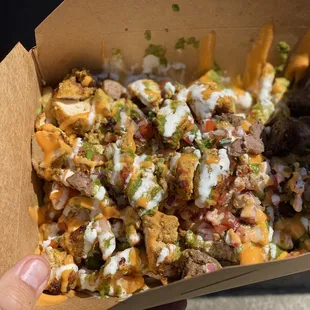 Fries with 1/2 chicken 1/2 lamb. Portions are HUGE