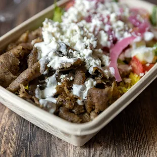 Lamb Beef Bowl with feta added and pickled onions take-out. YUM!