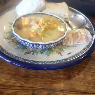 Thai wrap with peanut sauce and sweet potato chowder