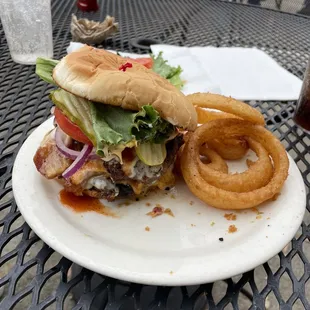 The Keg Burger w/onion rings. Half of the rings were eaten. So Delish!