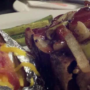 2" grilled pork chop...loaded potato and steamed asparagus