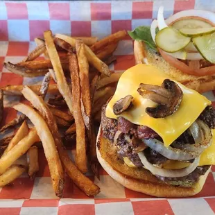 a cheeseburger and french fries