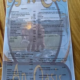 Front of food menu.