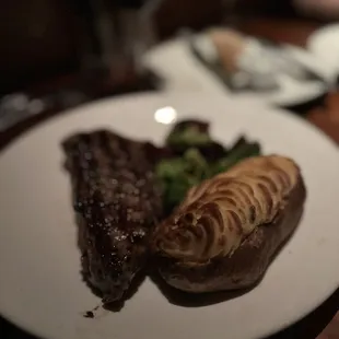 steak, potatoes, and broccoli