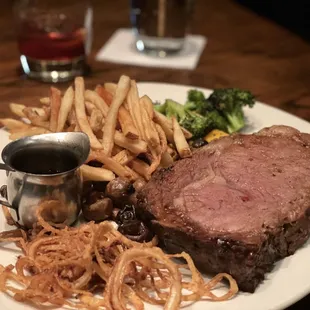 steak, fries, and broccoli