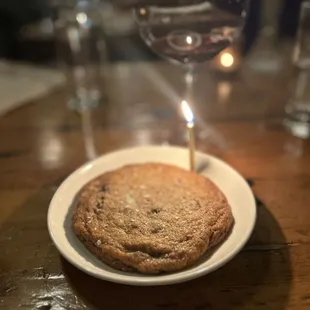 Big chocolate chip cookie for my birthday. Would've been better if just coming out of the oven with a nice glass of milk.