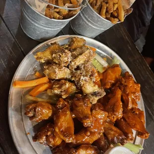 36 Wings honey bbq sauce garlic parm and Buffalo wings and fries