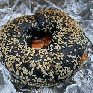 Black sesame Bagel with vegan lox