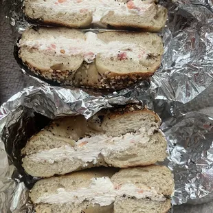 Salmon cream cheese on an everything bagel