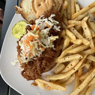 Fried chicken sandwich with French fries