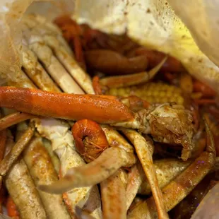 Snow crab bag with live crawfish added