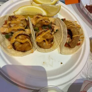 Two shrimp tacos, one fish tacos Yummz!!