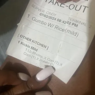 Proof of 3pc potato order. (Shrimp was a mistake by register, i asked for crawfish)