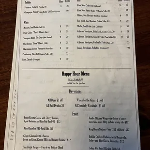 Wine / Happy Hour menu