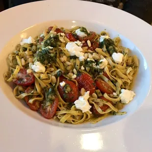 Fresh Linguini with Cherry Tomatoes, Basil, Goat Cheese and Pine Nuts