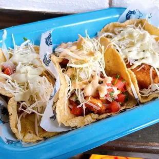 L-R: octopus ($7), shrimp ($6), fish ($6) tacos