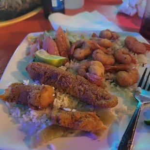 Fried fish and shrimp. From a box it would appear.