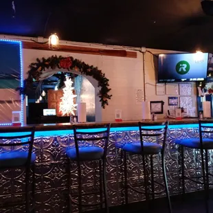 a bar with blue lights