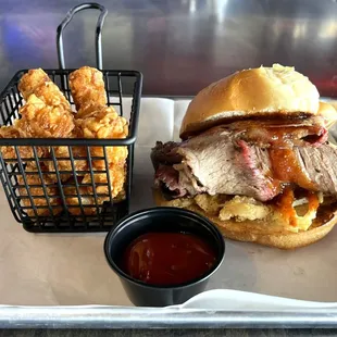 Smoked Brisket Sandwich with Tots and BBQ Sauce