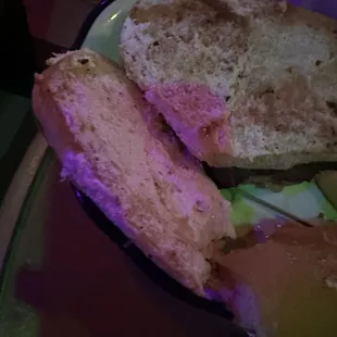Bread with some type white spread on French dip-however menu makes no mention of any spread