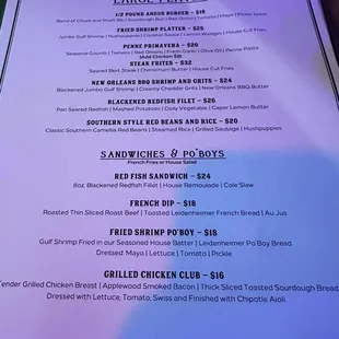 Dinners, sandwiches, large plates