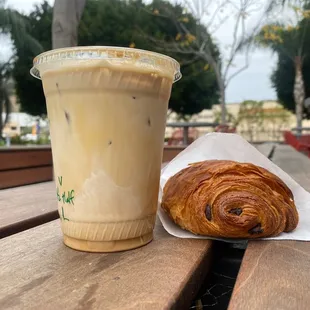 Iced Vanilla Latte sub milk for half &amp; half plus a chocolate croissant