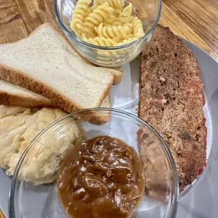 Meatloaf, gravy, and Mac &amp; Cheese. Tasty, but the food was  it served hot.