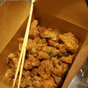 Popcorn chicken prepared and seasoned just right