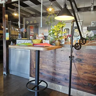 a table with a lamp on it