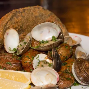 Cornmeal Fried Sea Bream : Creamer Potatoes, Clams, Smoked Sea Salt, Garlic Oil &amp; Sambal Remoulade. Interesting take on fish &amp; chips..great!
