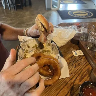 GREEN CHILE BACON BURGER &amp; ONION RINGS