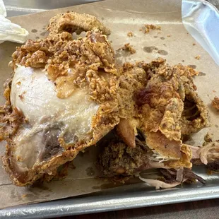Dried, over cooked fried chicken.